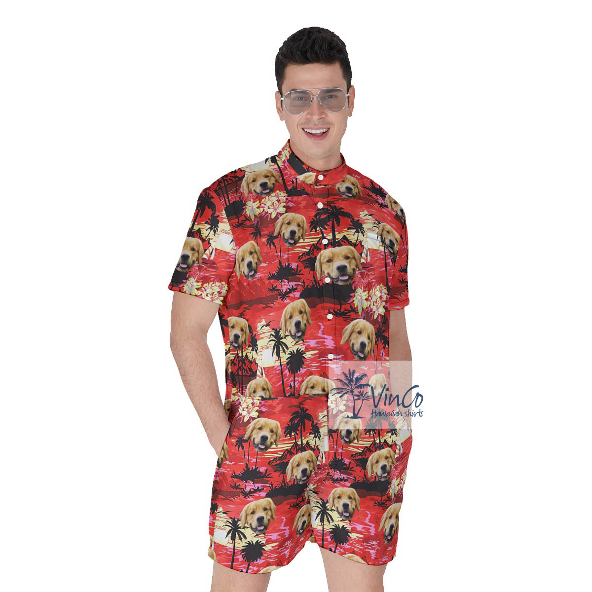 Funny Custom Dog Face Beach Theme Hawaiian Romper For Men - variant image 1