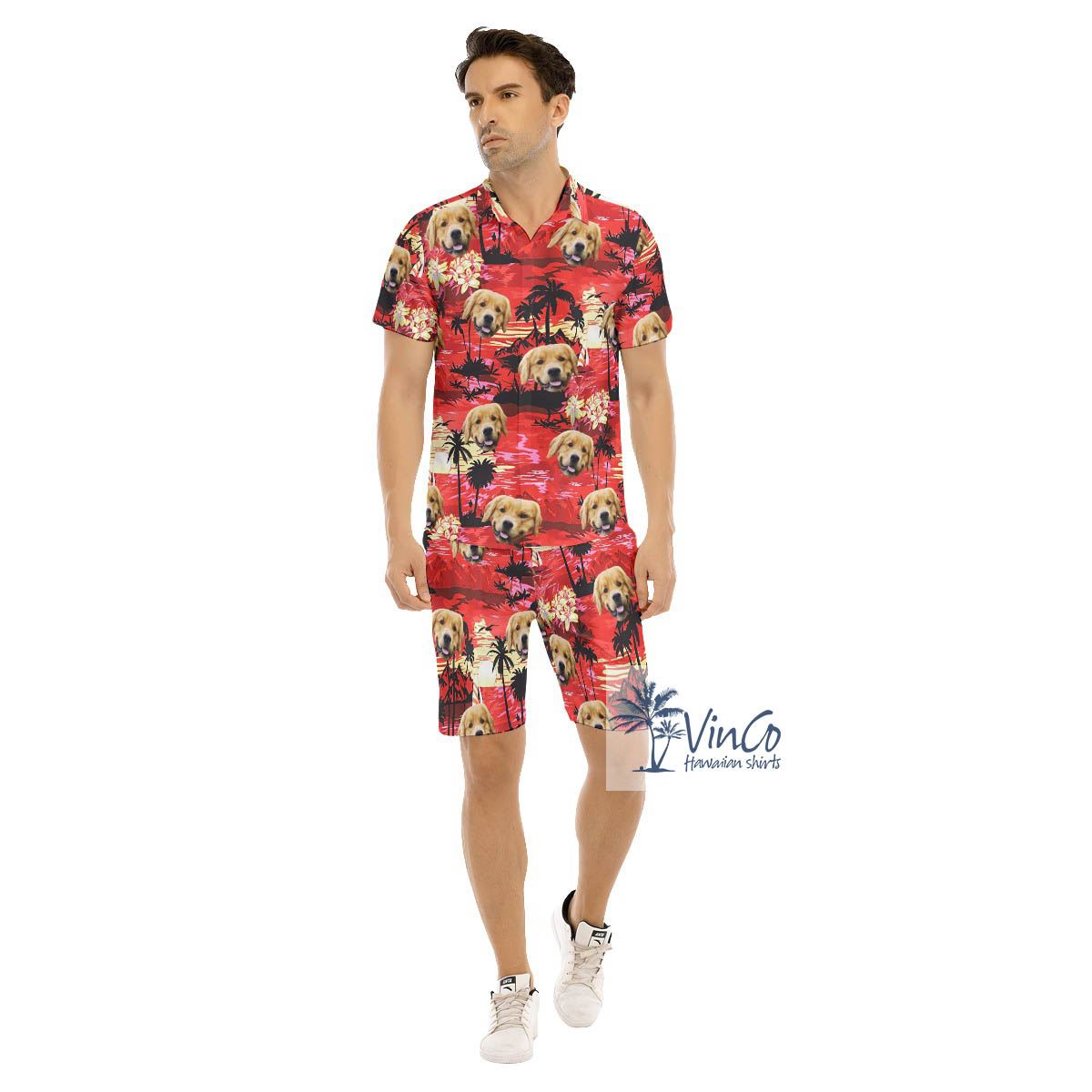 Funny Custom Dog Face Sunset Beach Red Hawaiian Shirt And Matching Shorts For Men - variant image 1