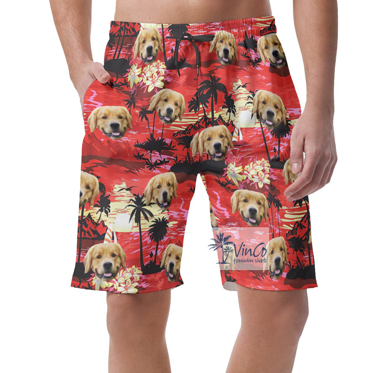 Tropical Sunset Beach Red Hawaiian Shorts With Custom Dog Face - variant image 1