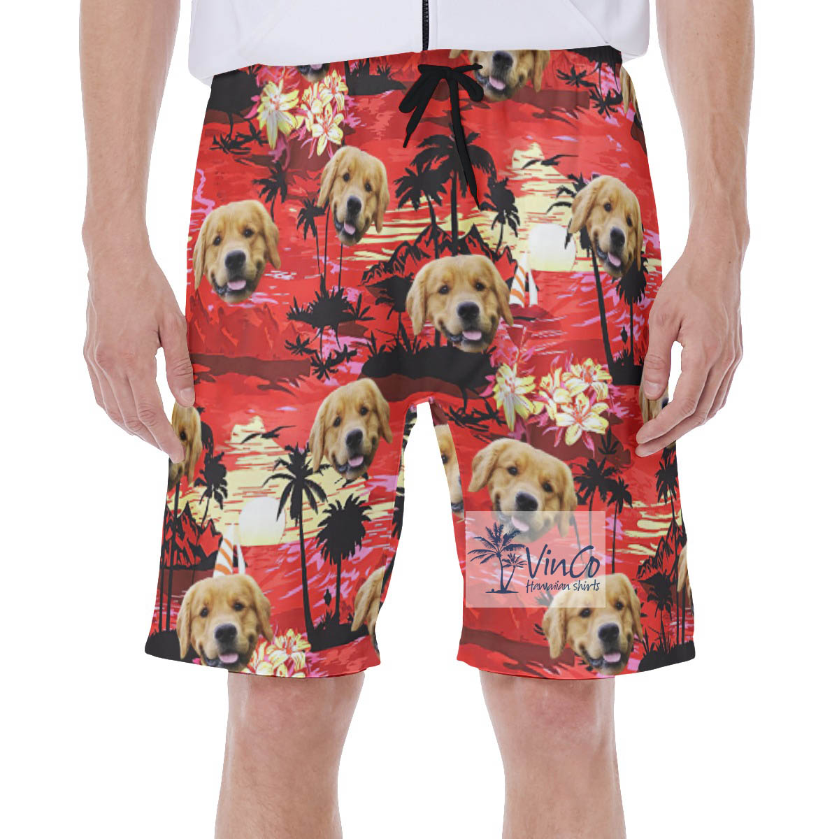 Sunset Beach Red Hawaiian Swim Trunks With Custom Dog Face - variant image 1