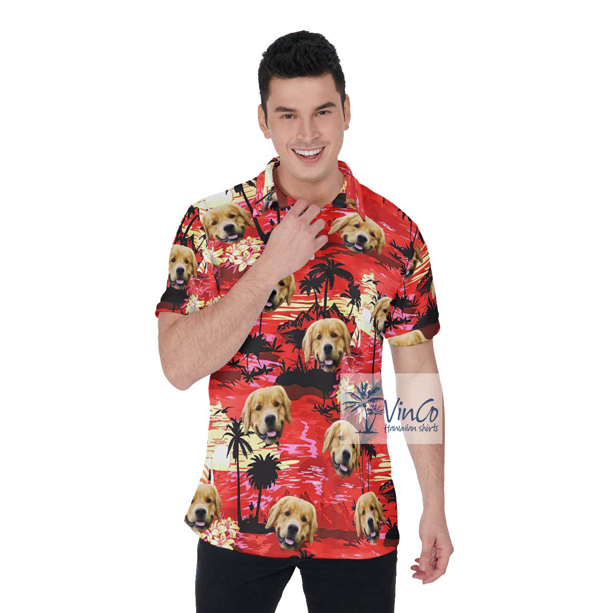 Funny Custom Sunset Beach Hawaiian Polo Shirt With Dog Face - variant image 1