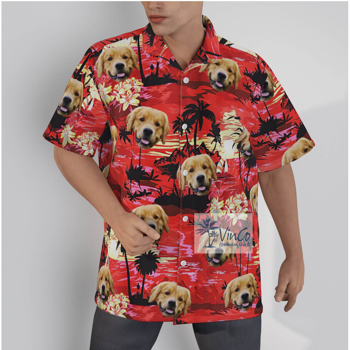 Custom Dog Face Tropical Beach Red Hawaiian Shirt - variant image 1