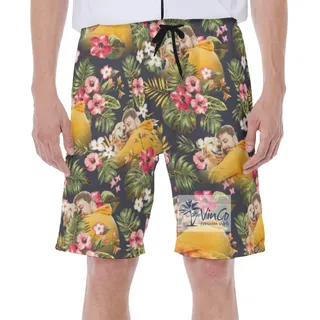 Funny Custom Photo Floral Hibiscus Hawaiian Swim Trunks For Men