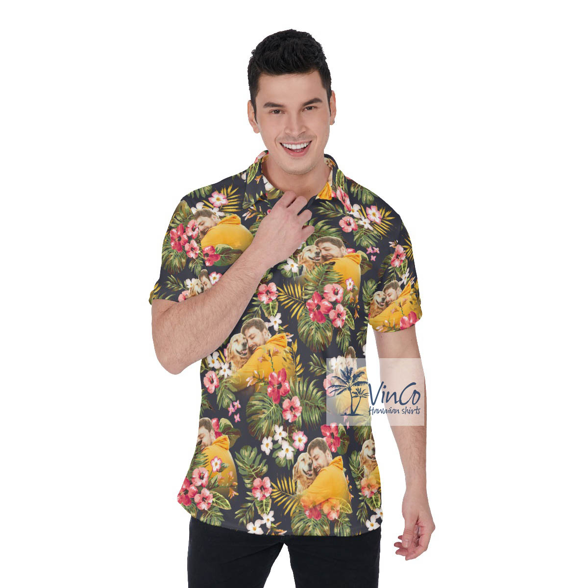 Funny Custom Photo Floral Hawaiian Polo Shirt - variant image 1