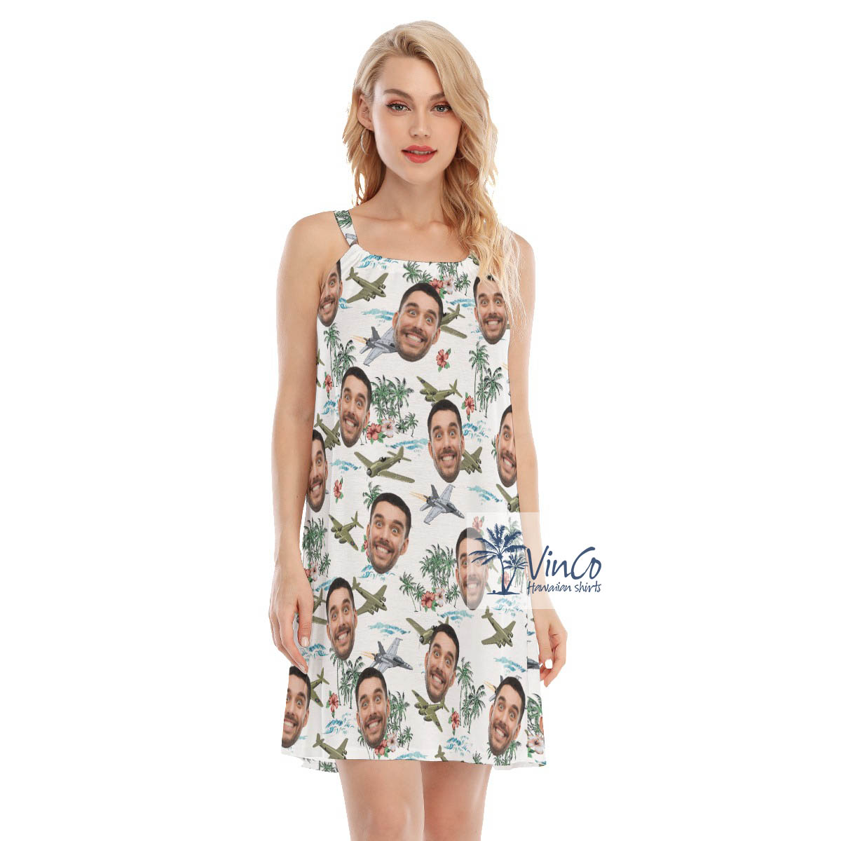 Tropical Bomber Planes Hawaiian Dress With Custom Face - variant image 1