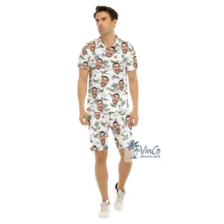 Set Custom Face Airplanes White Hawaiian Shirt And Matching Shorts For Men