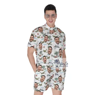 Custom Face Tropical Airplanes Hawaiian White Romper For Men