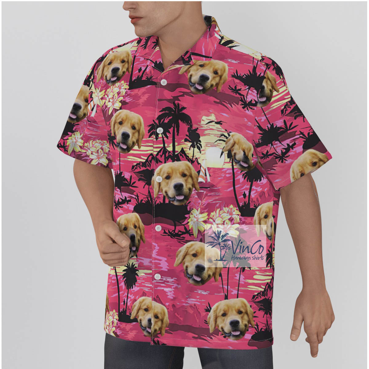 Custom Hawaiian Shirt With Dog Face Tropical Sunset Beach