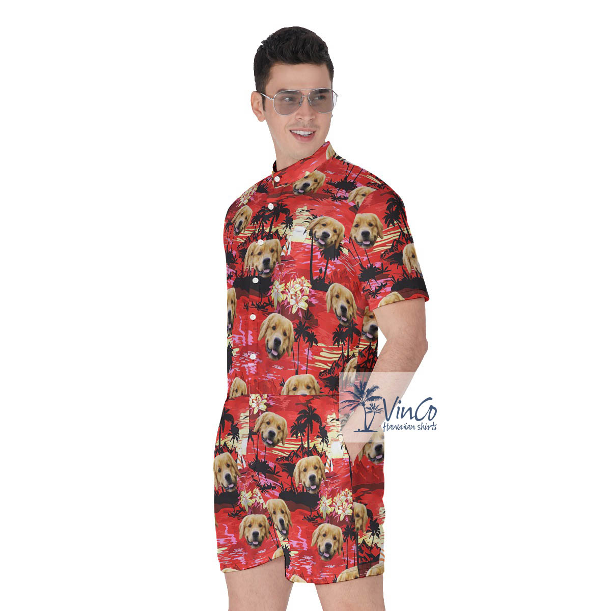 Funny Custom Dog Face Beach Theme Hawaiian Romper For Men
