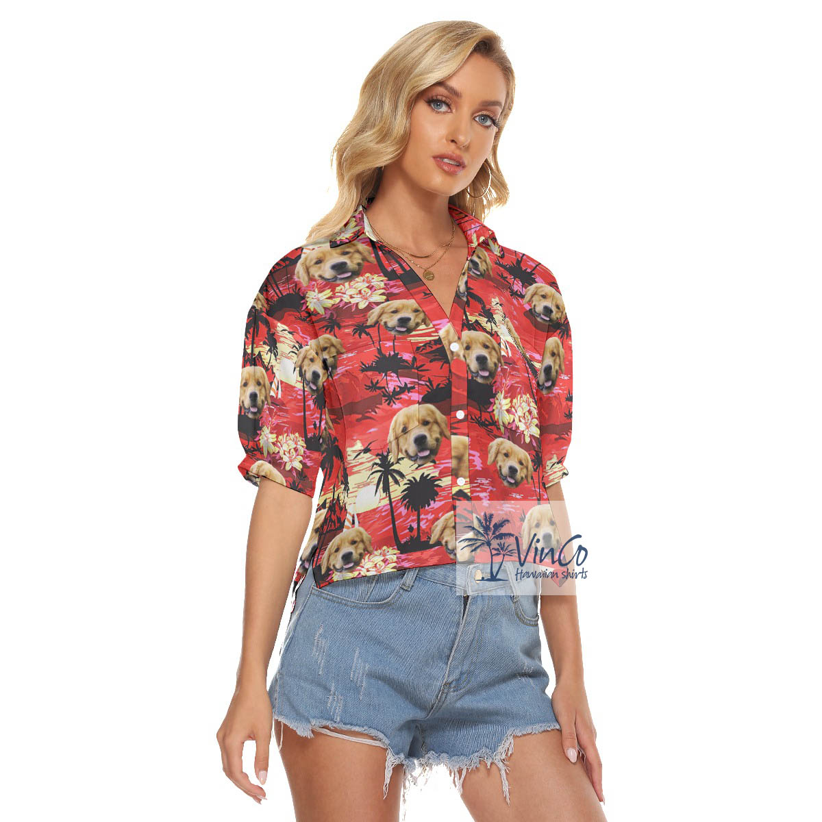 Custom Dog Face Red Sunset Beach Hawaiian V-Neck Shirt For Women