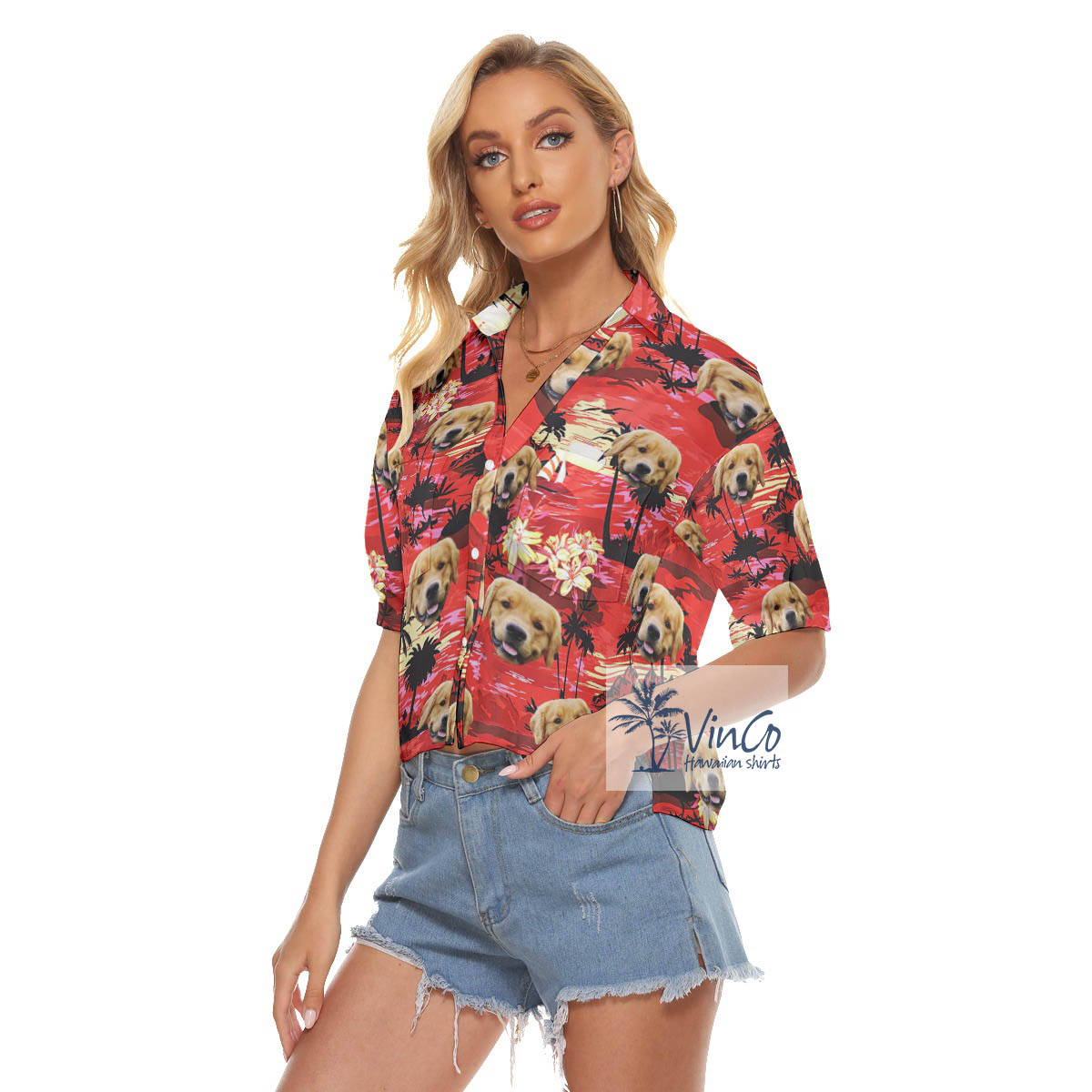 Custom Dog Face Red Sunset Beach Hawaiian V-Neck Shirt For Women