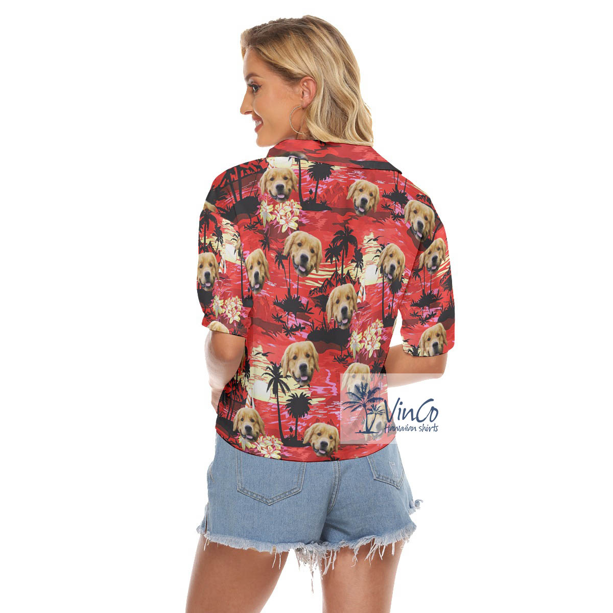Custom Dog Face Red Sunset Beach Hawaiian V-Neck Shirt For Women