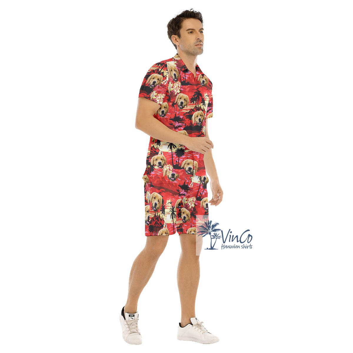 Funny Custom Dog Face Sunset Beach Red Hawaiian Shirt And Matching Shorts For Men
