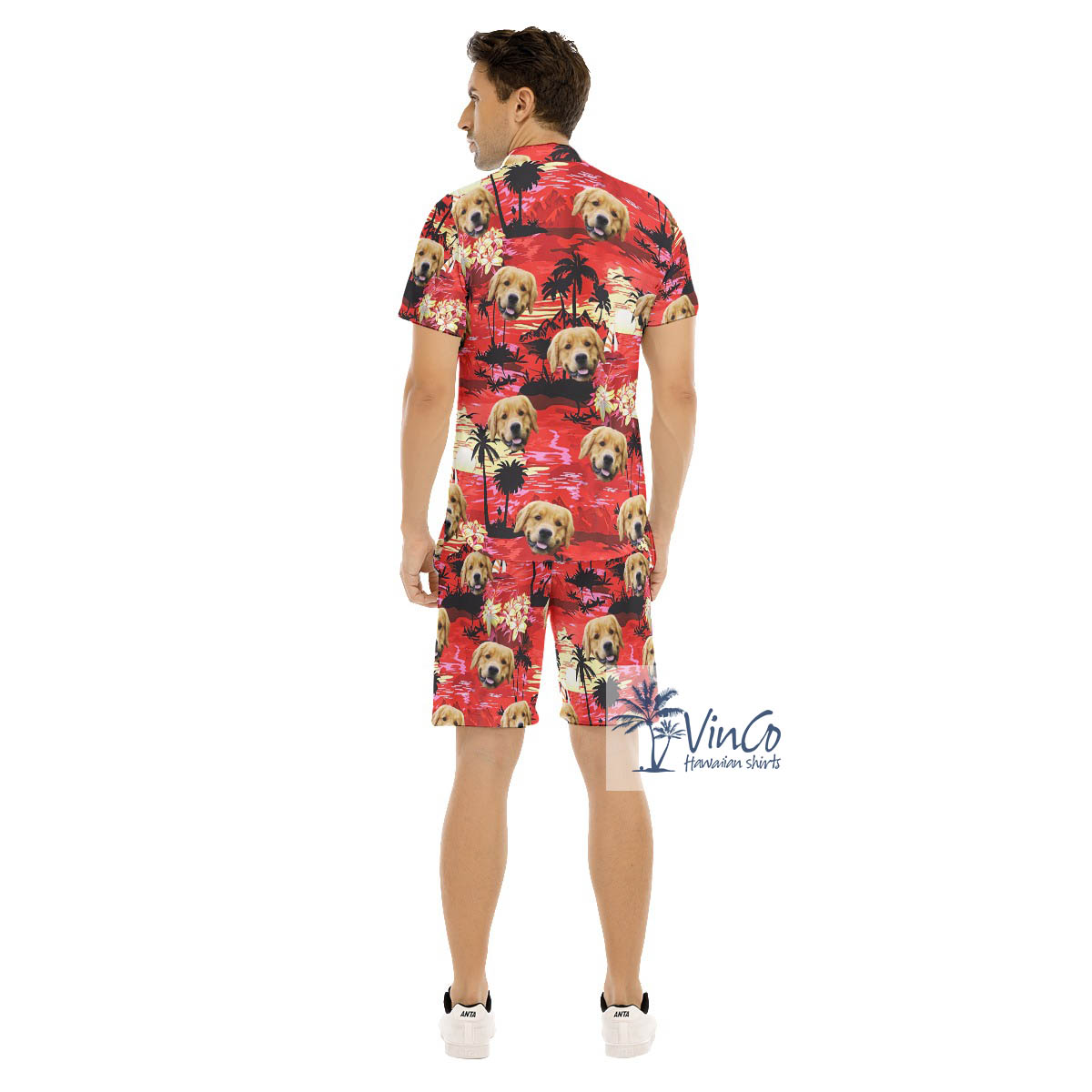 Funny Custom Dog Face Sunset Beach Red Hawaiian Shirt And Matching Shorts For Men