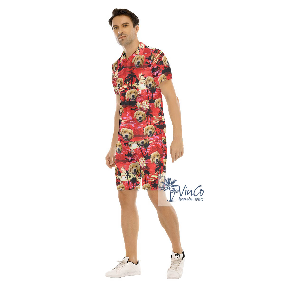Funny Custom Dog Face Sunset Beach Red Hawaiian Shirt And Matching Shorts For Men