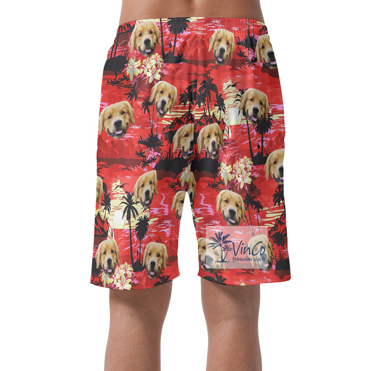 Tropical Sunset Beach Red Hawaiian Shorts With Custom Dog Face