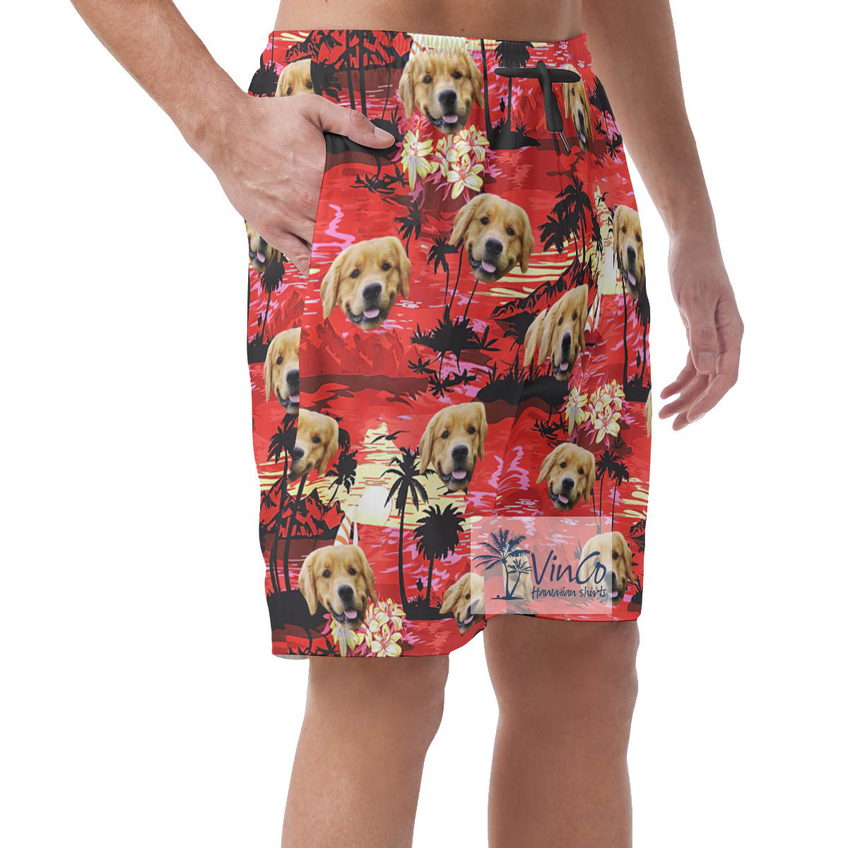 Tropical Sunset Beach Red Hawaiian Shorts With Custom Dog Face