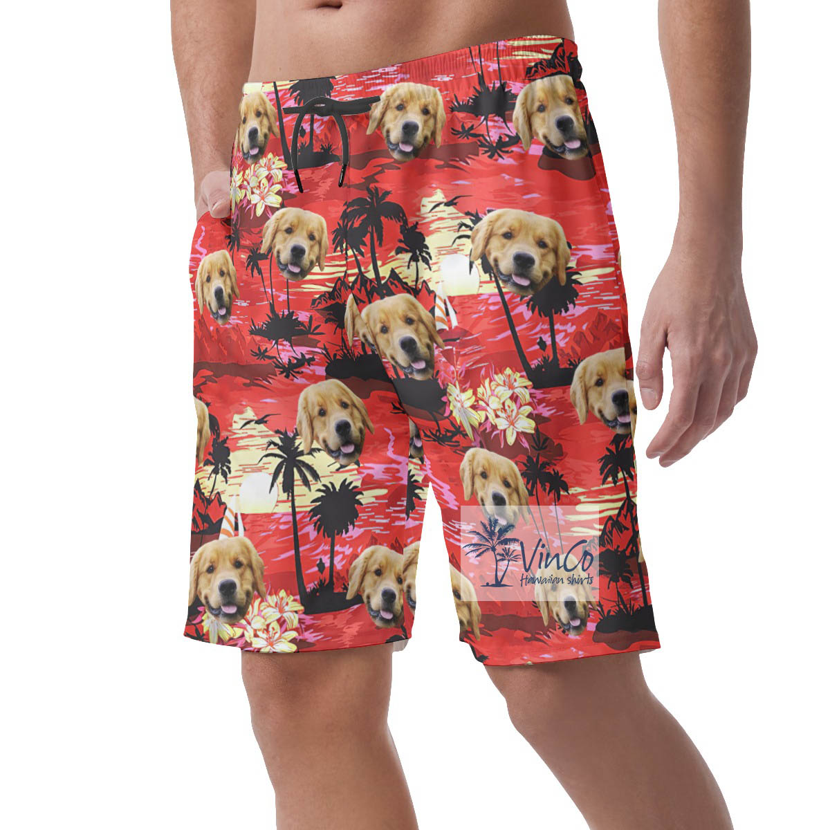 Tropical Sunset Beach Red Hawaiian Shorts With Custom Dog Face