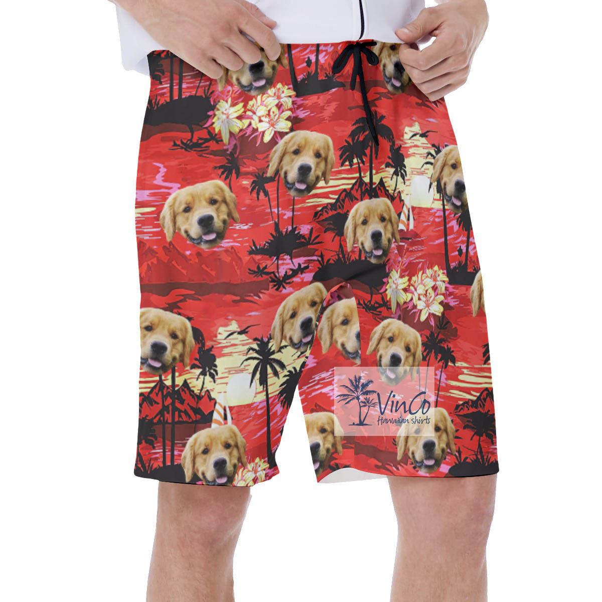 Sunset Beach Red Hawaiian Swim Trunks With Custom Dog Face