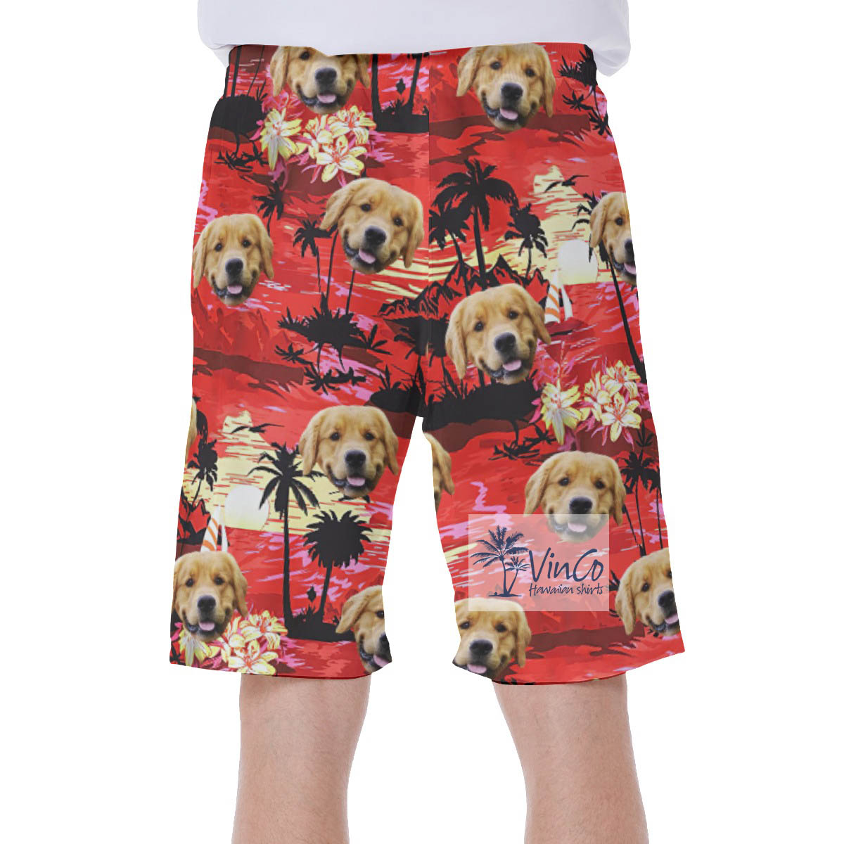 Sunset Beach Red Hawaiian Swim Trunks With Custom Dog Face