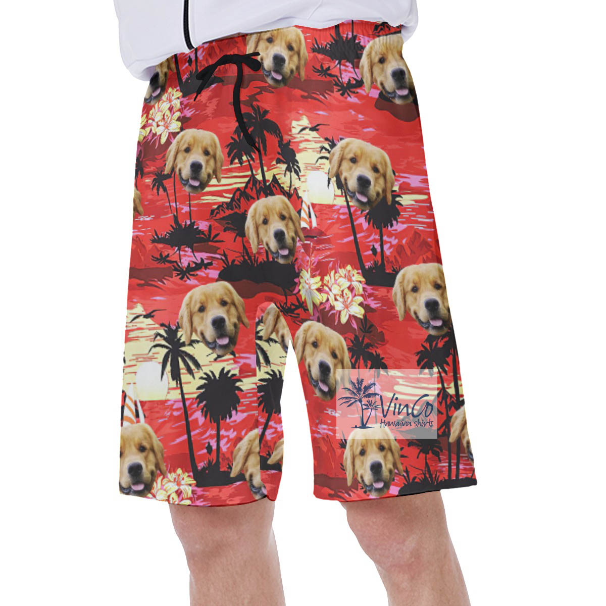 Sunset Beach Red Hawaiian Swim Trunks With Custom Dog Face