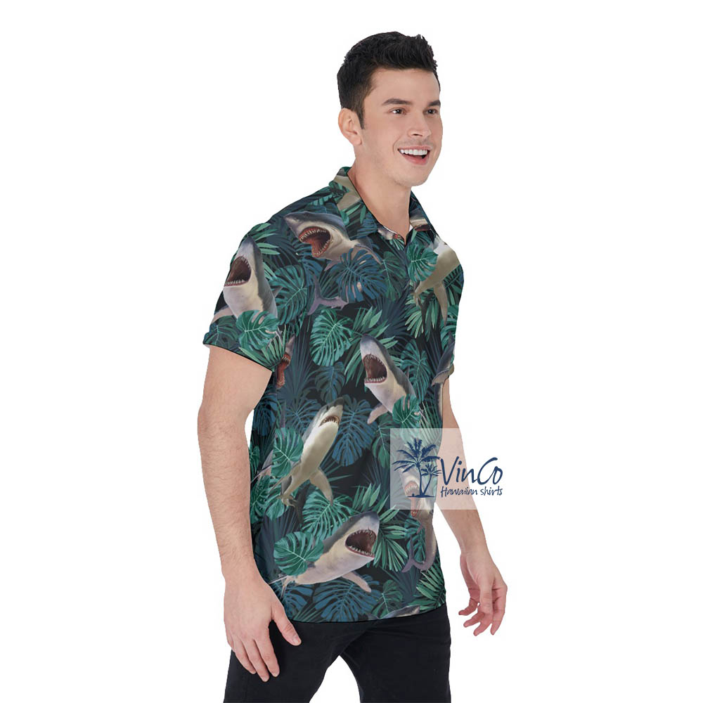 Shark Print Hawaiian Polo Shirt For Men