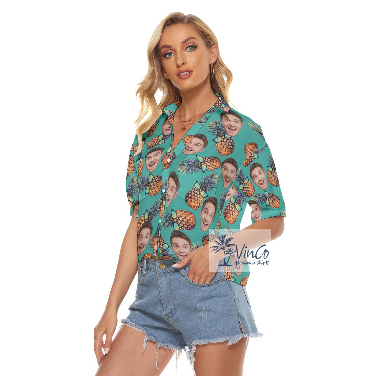 Custom Face Sun Glasses Pineapple Hawaiian Cropped Shirt