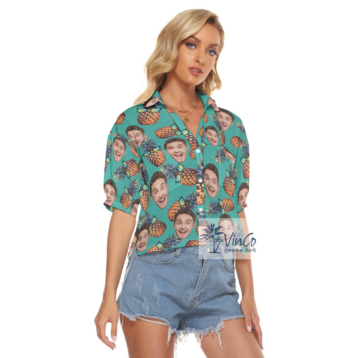 Custom Face Sun Glasses Pineapple Hawaiian Cropped Shirt