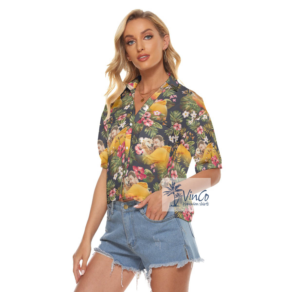 Funny Tropical Hibiscus Hawaiian Crop Top Shirt With Custom Photo