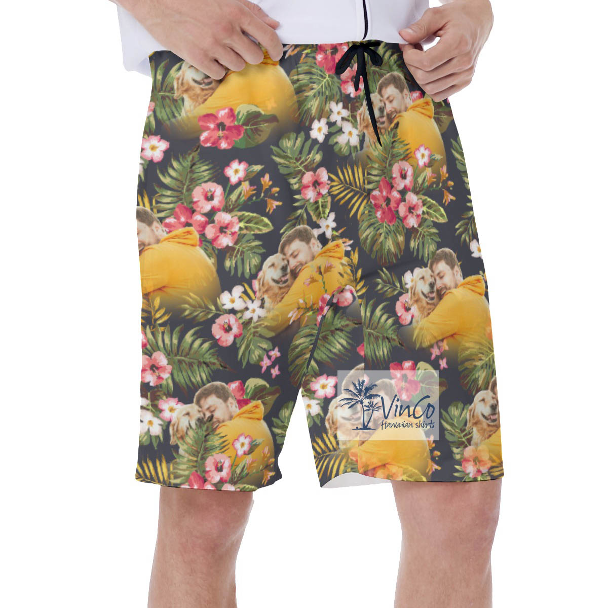 Funny Custom Photo Floral Hibiscus Hawaiian Swim Trunks For Men