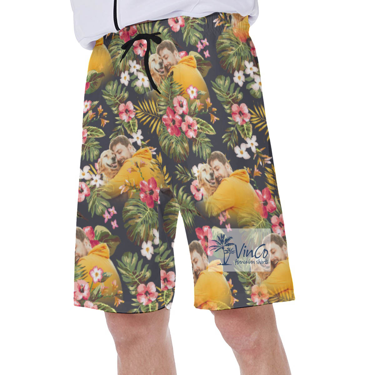 Funny Custom Photo Floral Hibiscus Hawaiian Swim Trunks For Men