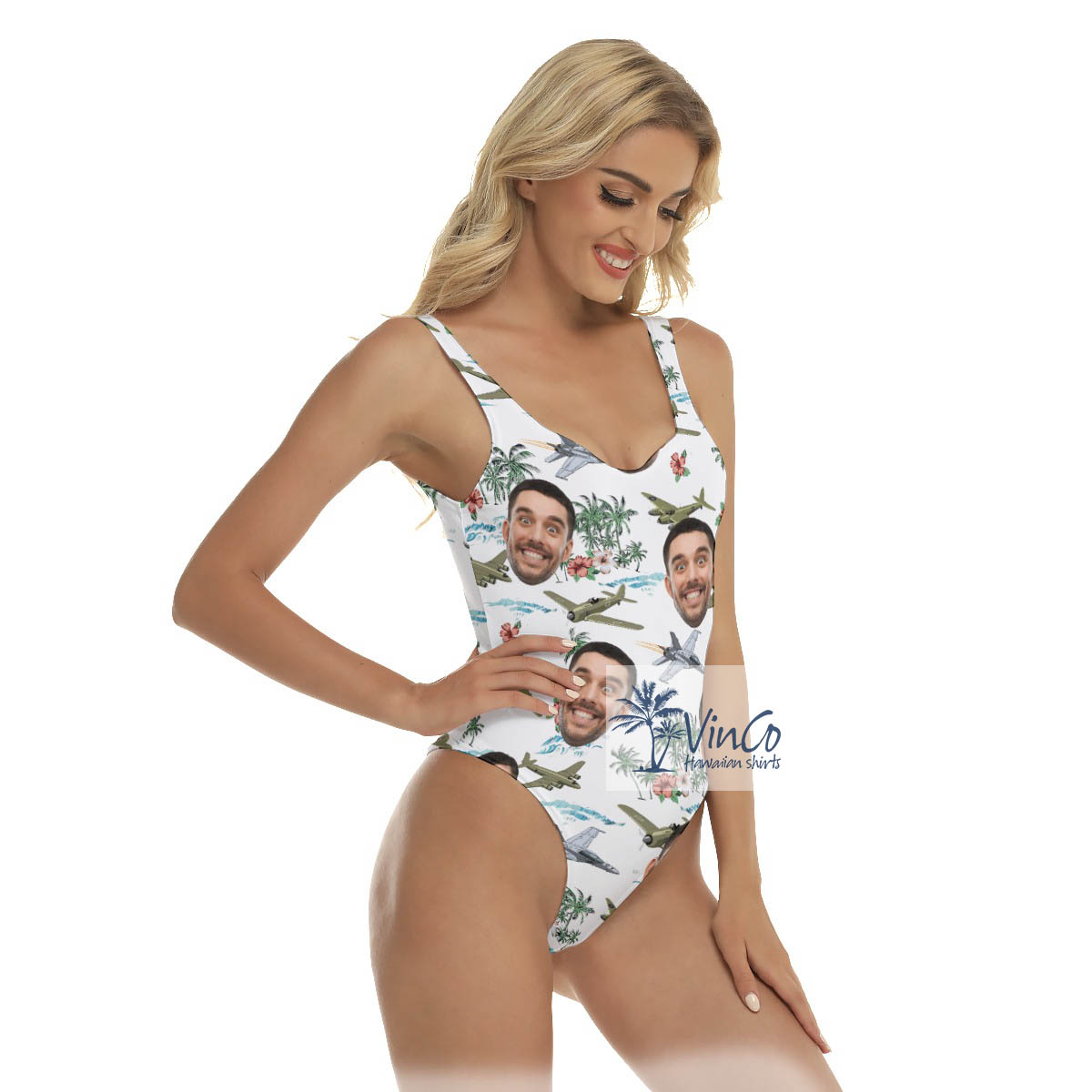 Cool Bomber Airplane Tropical Hawaiian Swimsuit With Custom Face