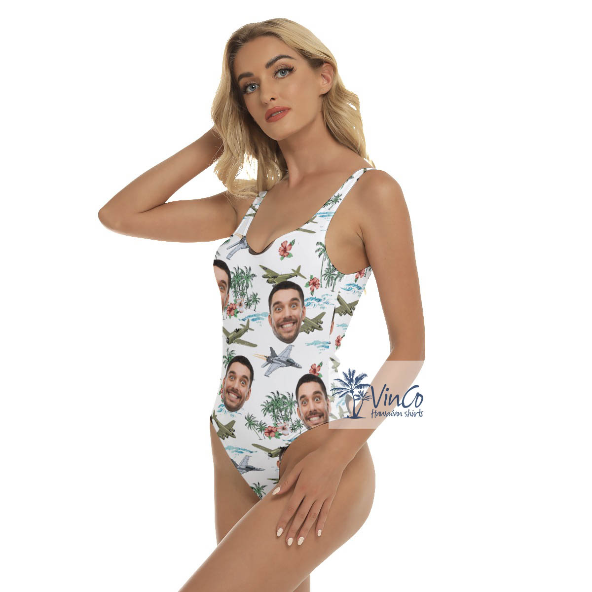 Cool Bomber Airplane Tropical Hawaiian Swimsuit With Custom Face