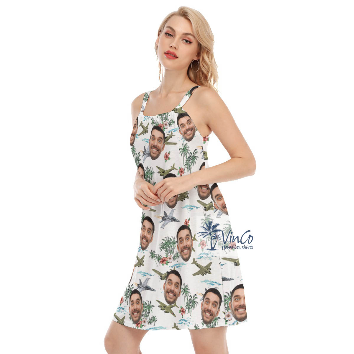 Tropical Bomber Planes Hawaiian Dress With Custom Face