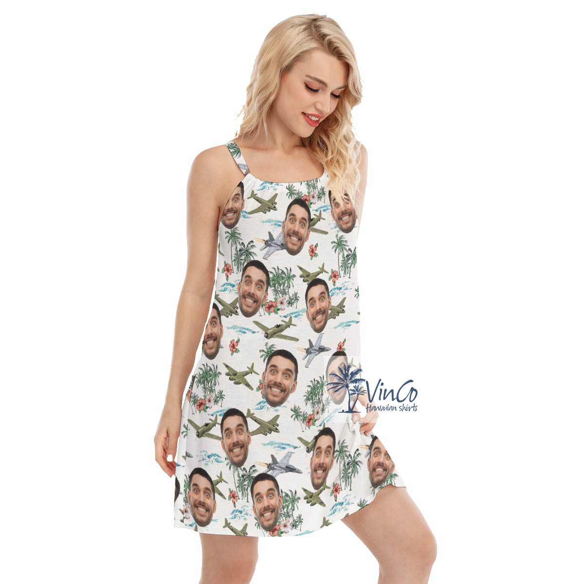Tropical Bomber Planes Hawaiian Dress With Custom Face