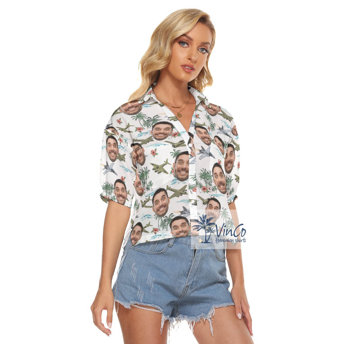 Tropical Fighter Planes Custom Face White Hawaiian Crop Top Shirt