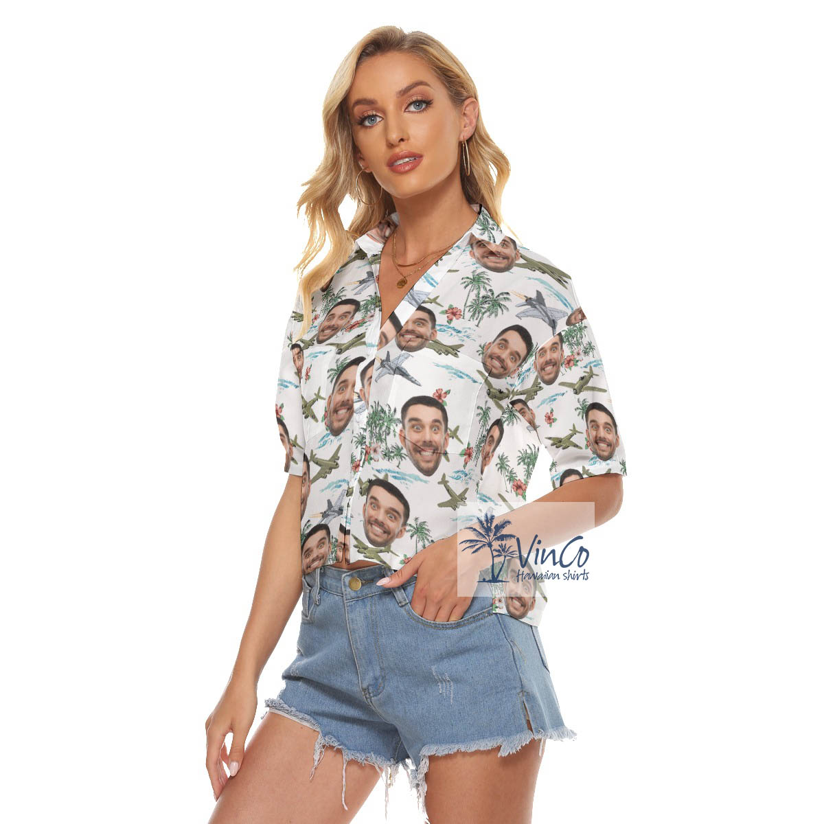 Tropical Fighter Planes Custom Face White Hawaiian Crop Top Shirt