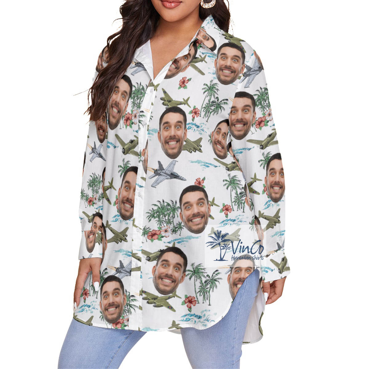 Cool Fighter Planes Tropical White Hawaiian Plus Size Shirt With Custom Face