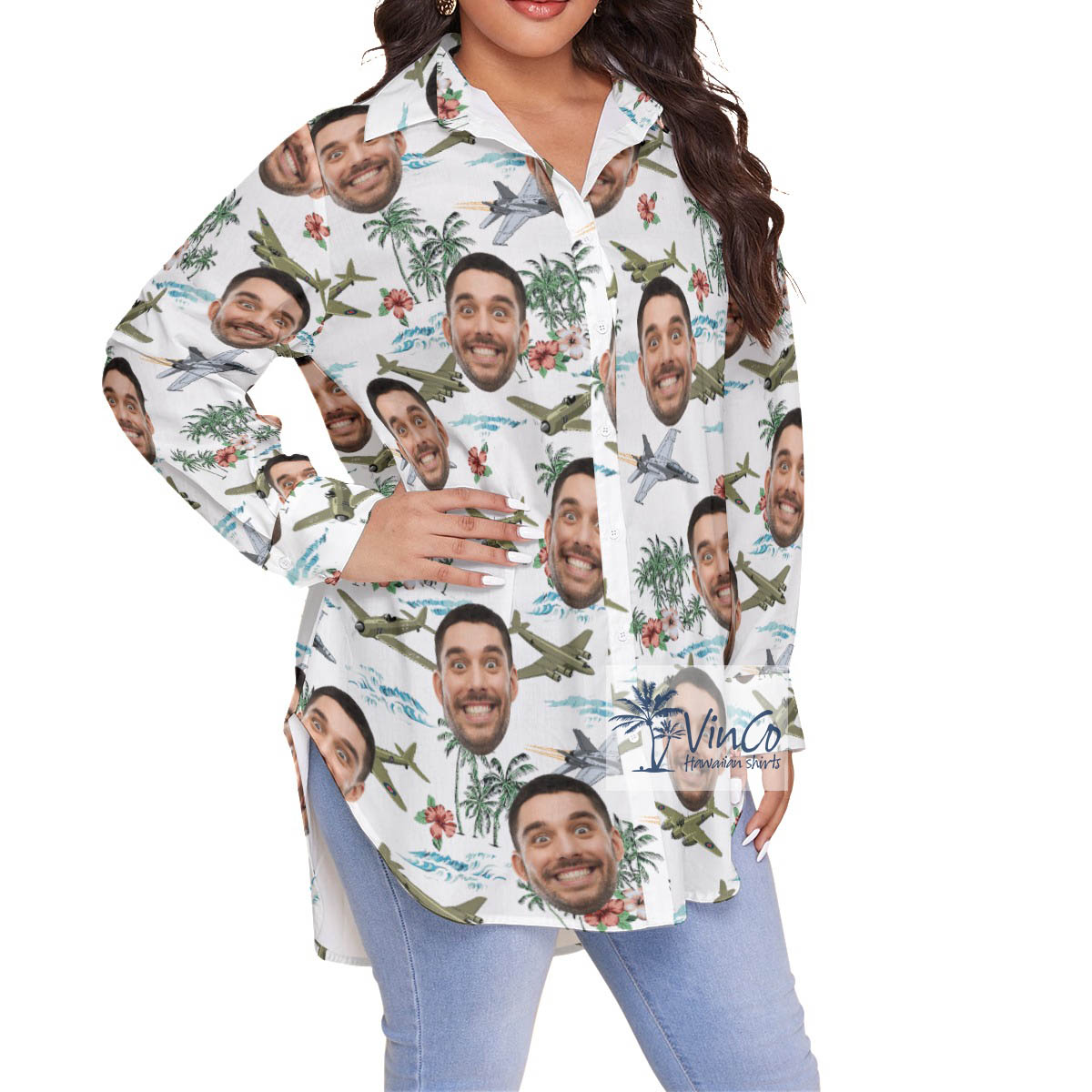 Cool Fighter Planes Tropical White Hawaiian Plus Size Shirt With Custom Face