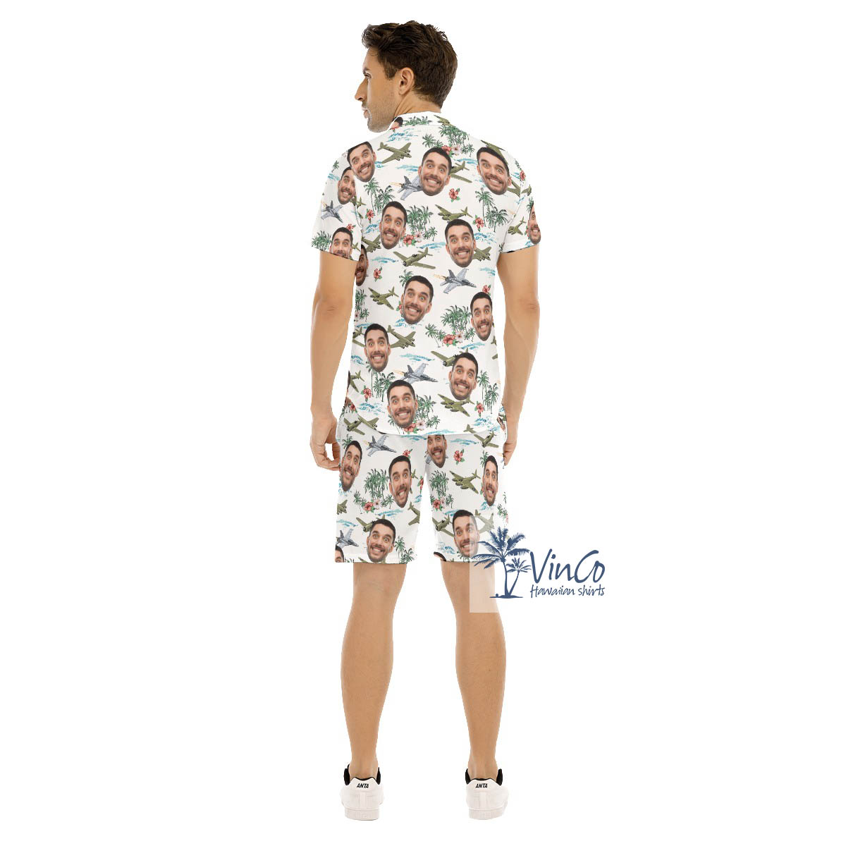 Set Custom Face Airplanes White Hawaiian Shirt And Matching Shorts For Men