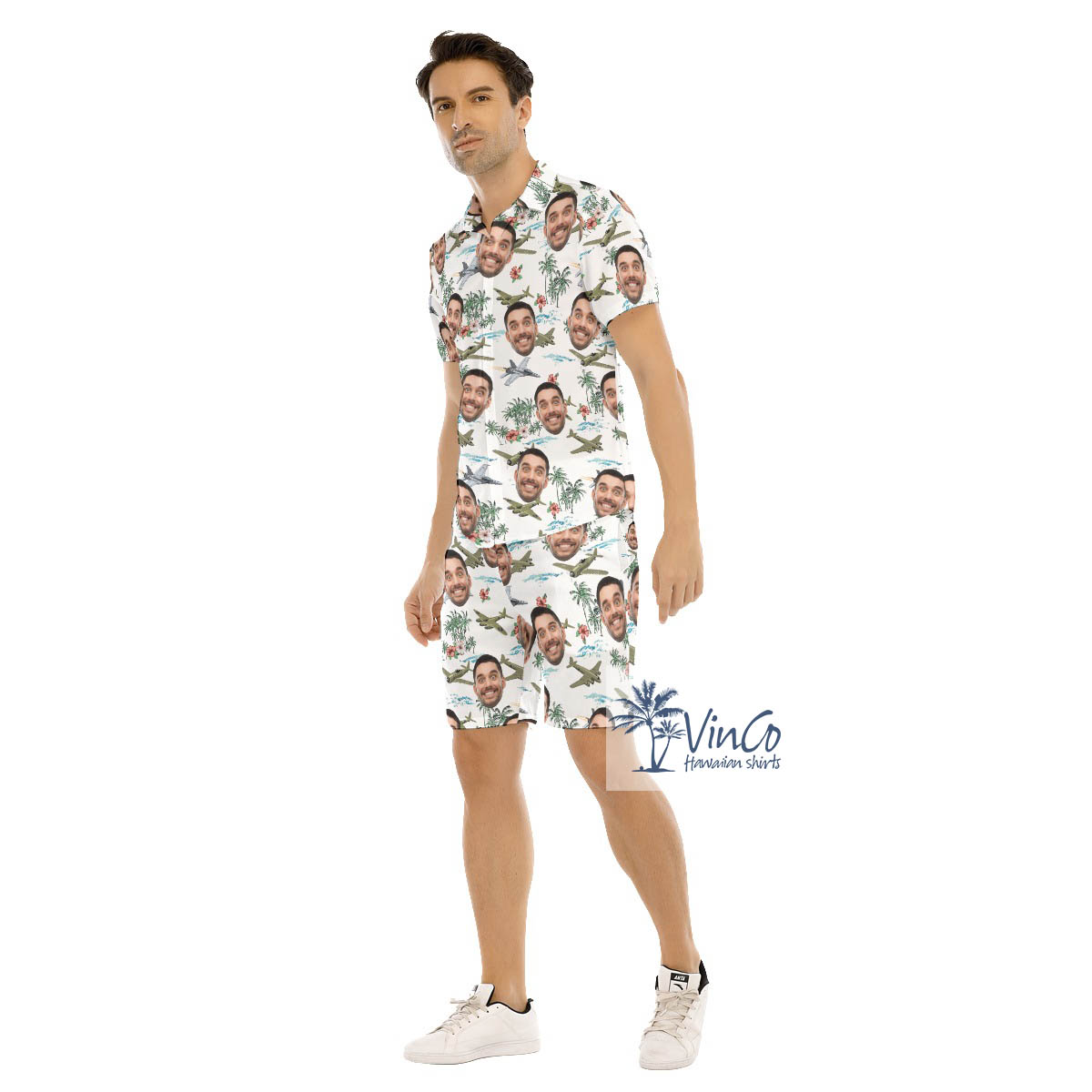 Set Custom Face Airplanes White Hawaiian Shirt And Matching Shorts For Men