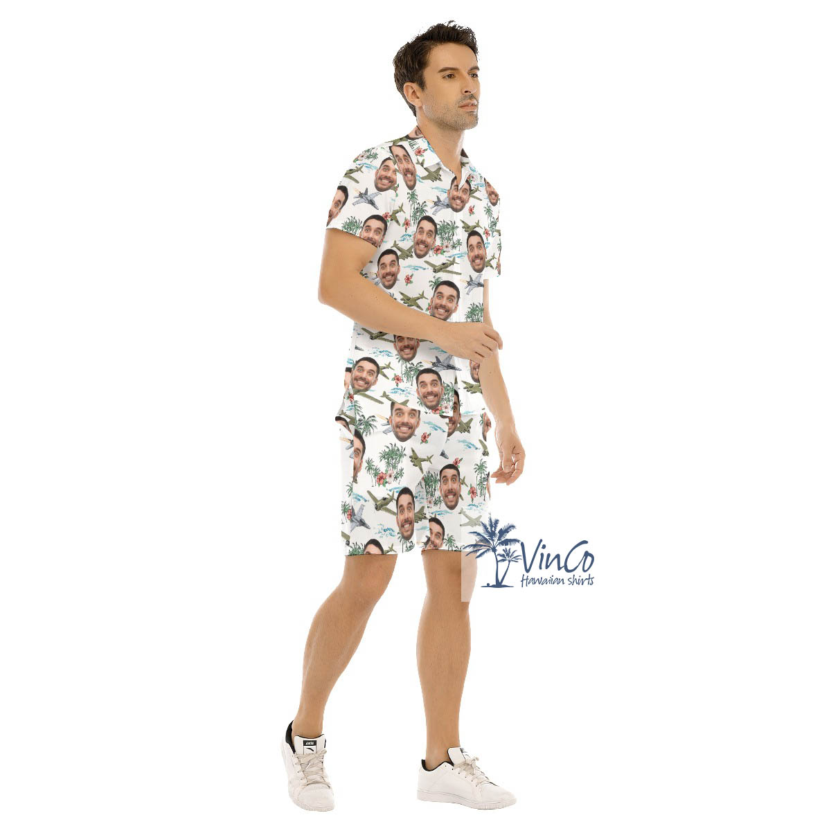 Set Custom Face Airplanes White Hawaiian Shirt And Matching Shorts For Men