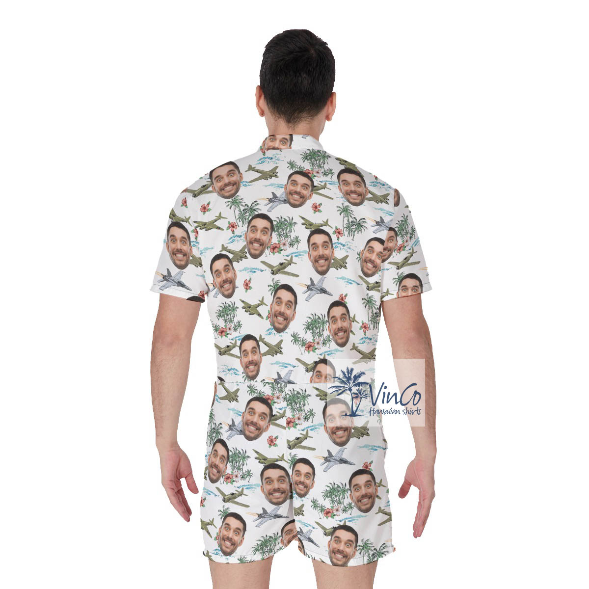 Custom Face Tropical Airplanes Hawaiian White Romper For Men