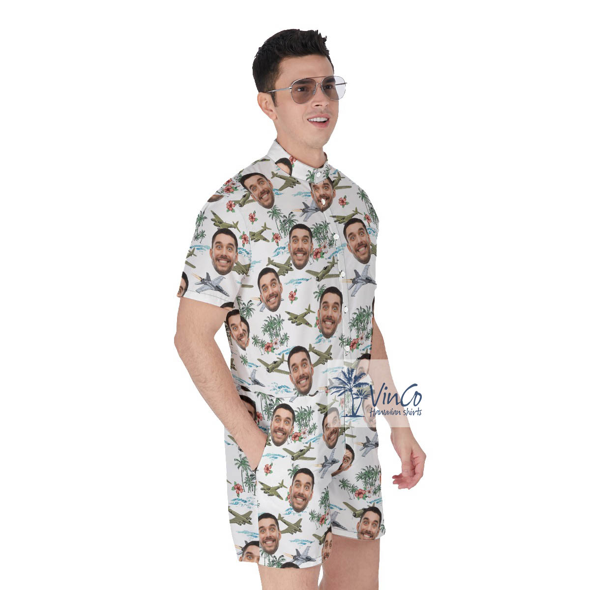 Custom Face Tropical Airplanes Hawaiian White Romper For Men