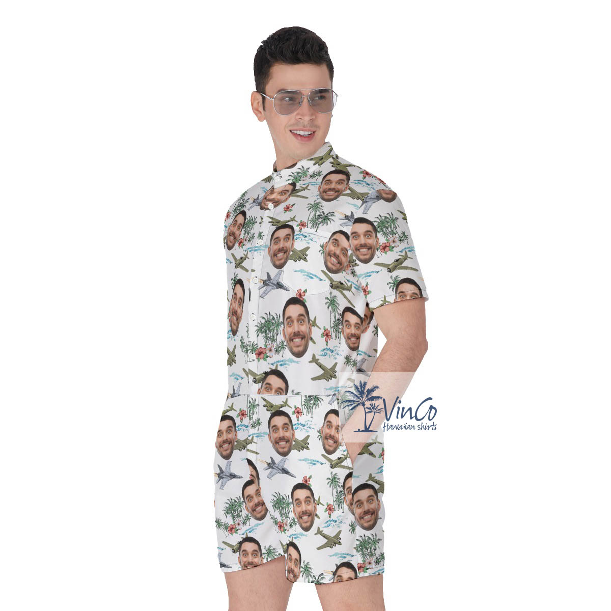 Custom Face Tropical Airplanes Hawaiian White Romper For Men
