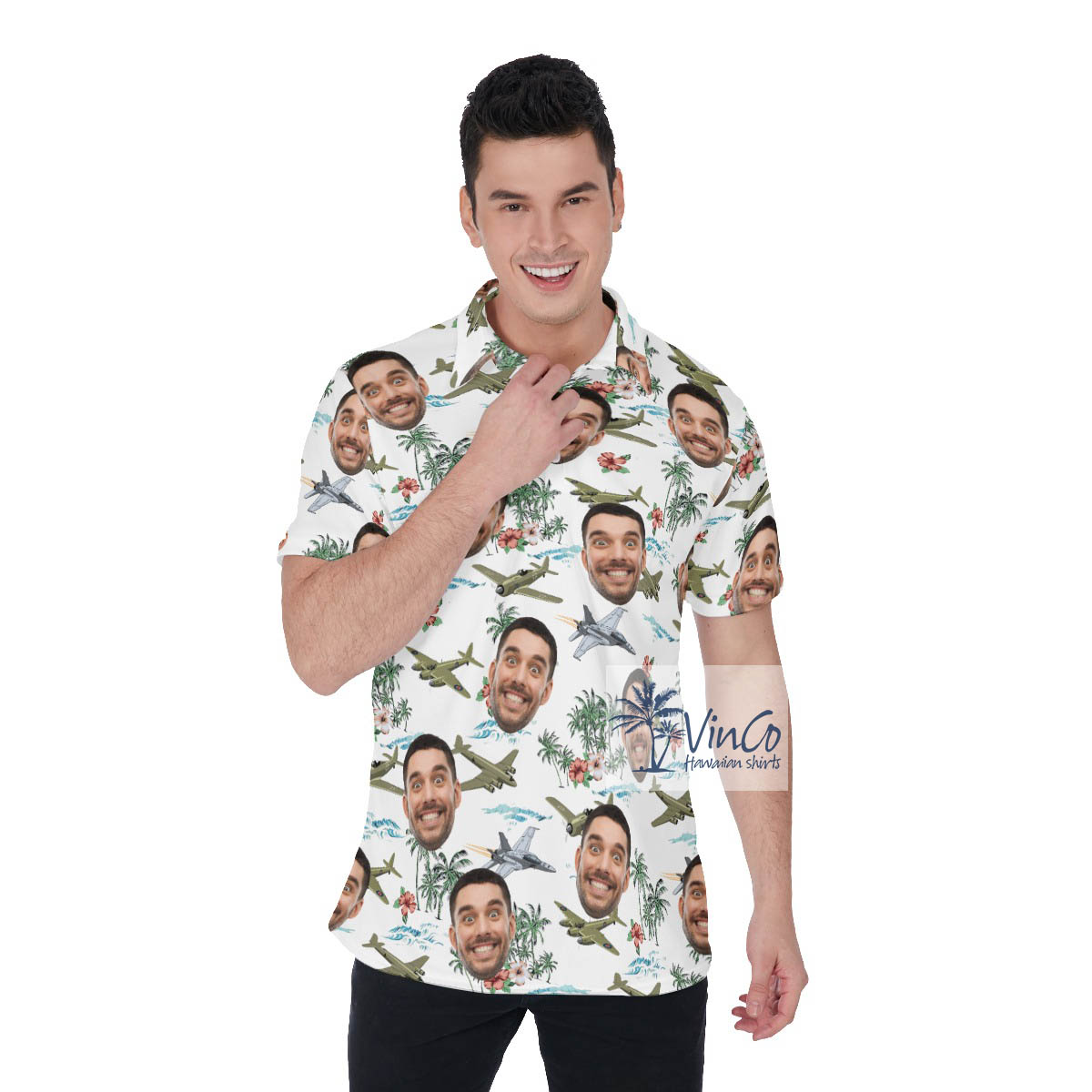 Tropical Palm Tree Airplanes Hawaiian Polo Shirt With Custom Face - variant image 1