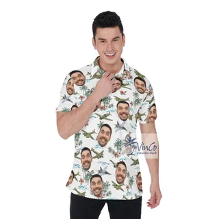 Tropical Palm Tree Airplanes Hawaiian Polo Shirt With Custom Face