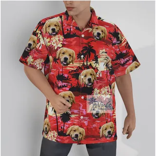 Custom Hawaiian Shirt With Dog Face Red Sunset Beach Theme