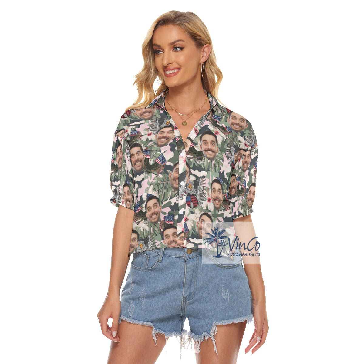 Custom Face American Eagle Gun Hawaiian Crop Top Shirt - variant image 1