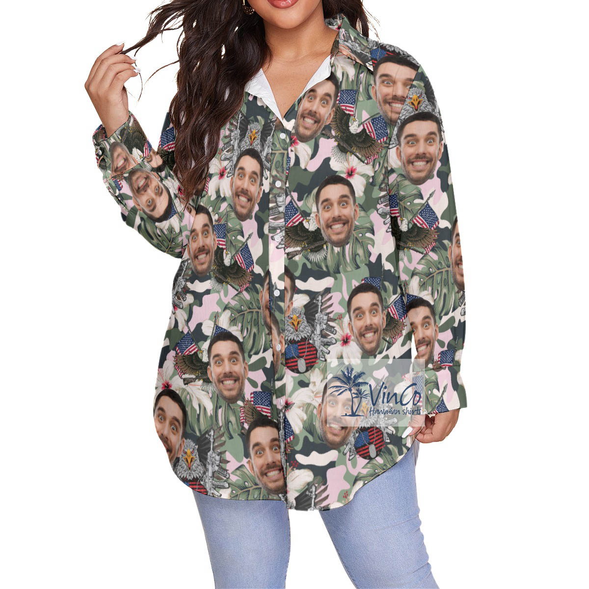 Custom Face American Eagle Tactical Hibiscus Hawaiian Plus Size Shirt - variant image 1